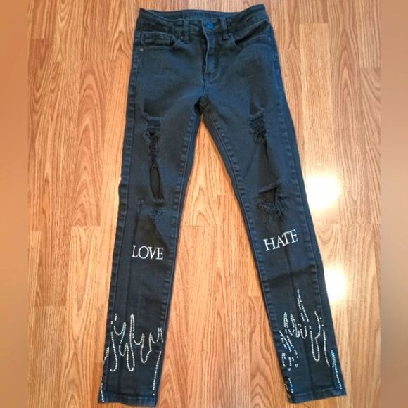 Rue21 Other - RUE 21 Love Hate Supreme Flex Rhinestone Deconstructed Black Skinny Jeans 26/30